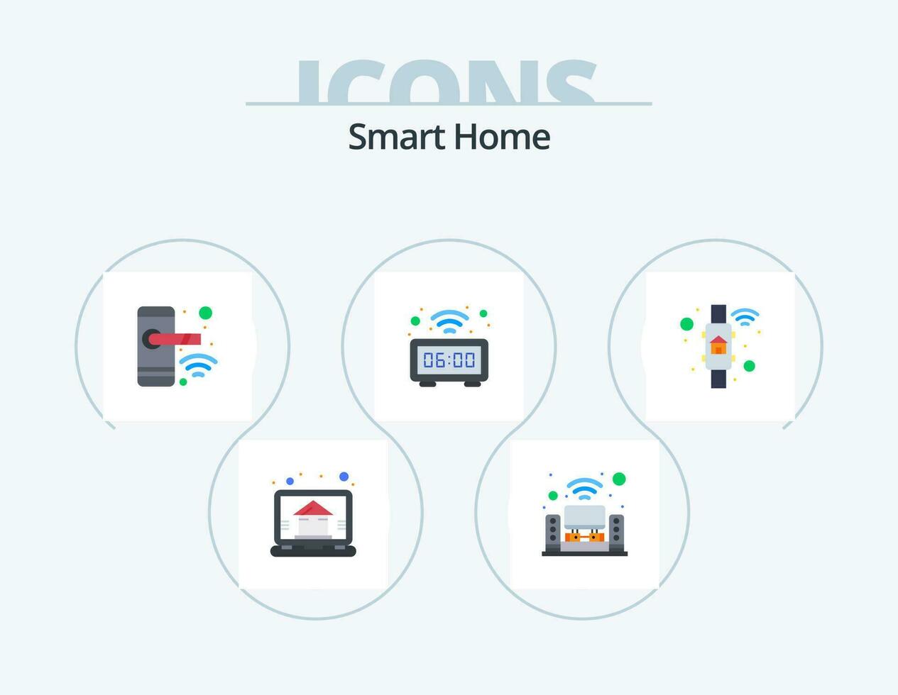 smart Hem platt ikon packa 5 ikon design. tillgång. tid. dörr. teknologi. Kolla på vektor