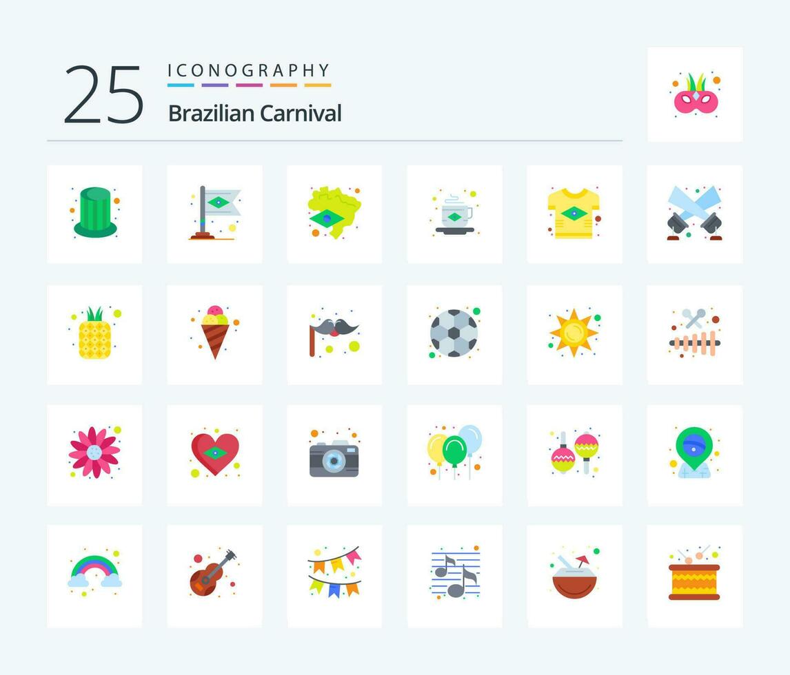 brasiliansk karneval 25 platt Färg ikon packa Inklusive Land. Brasilien. Brasilien. flagga. kaffe vektor