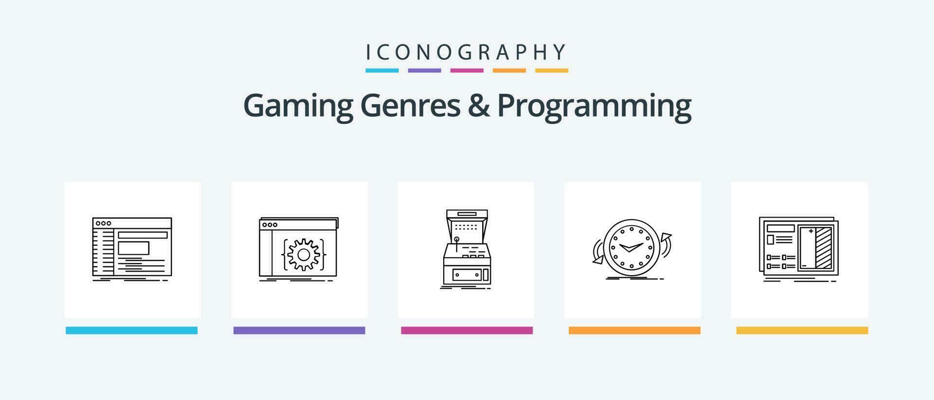 Spielen Genres und Programmierung Linie 5 Symbol Pack einschließlich Funktion. Befehl. Schütze. Geschwindigkeit. Spiel. kreativ Symbole Design vektor