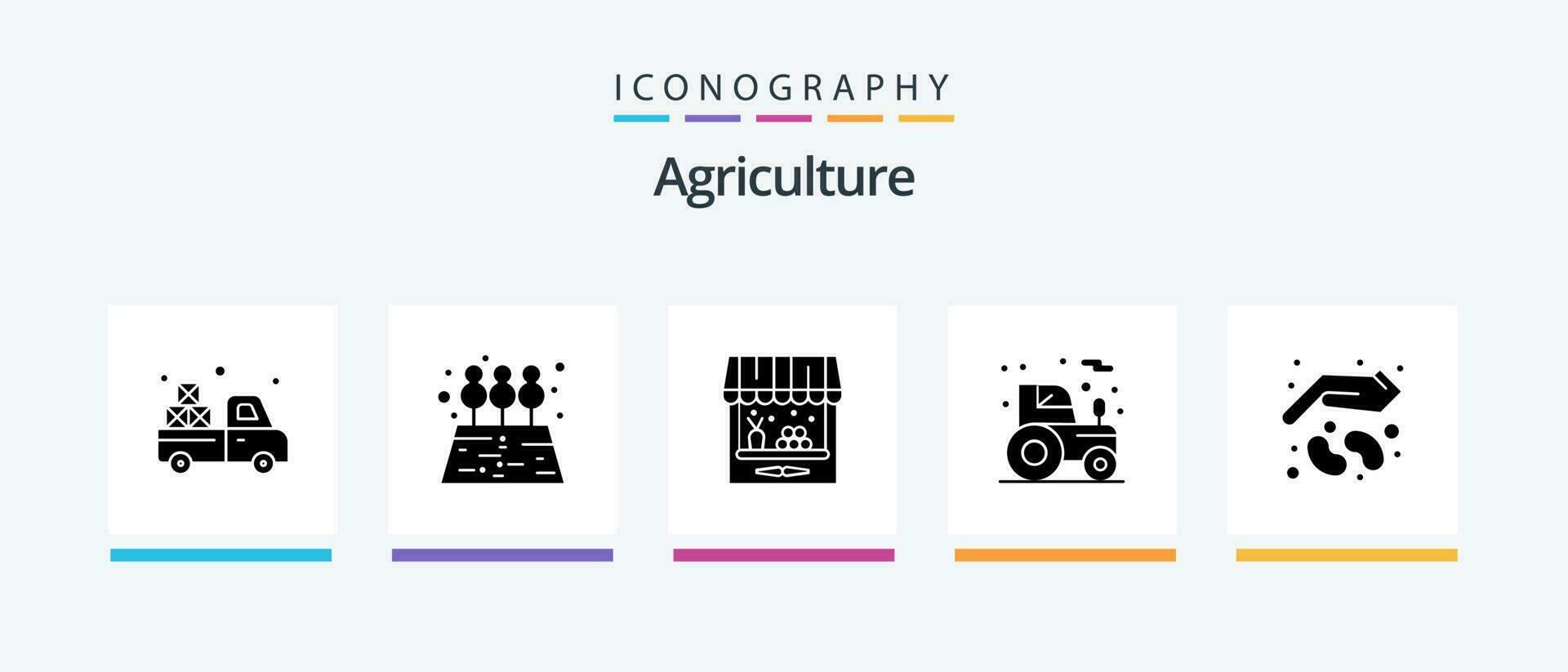 lantbruk glyf 5 ikon packa Inklusive trädgård. lantbruk. ladugård. traktor. agrimotor. kreativ ikoner design vektor