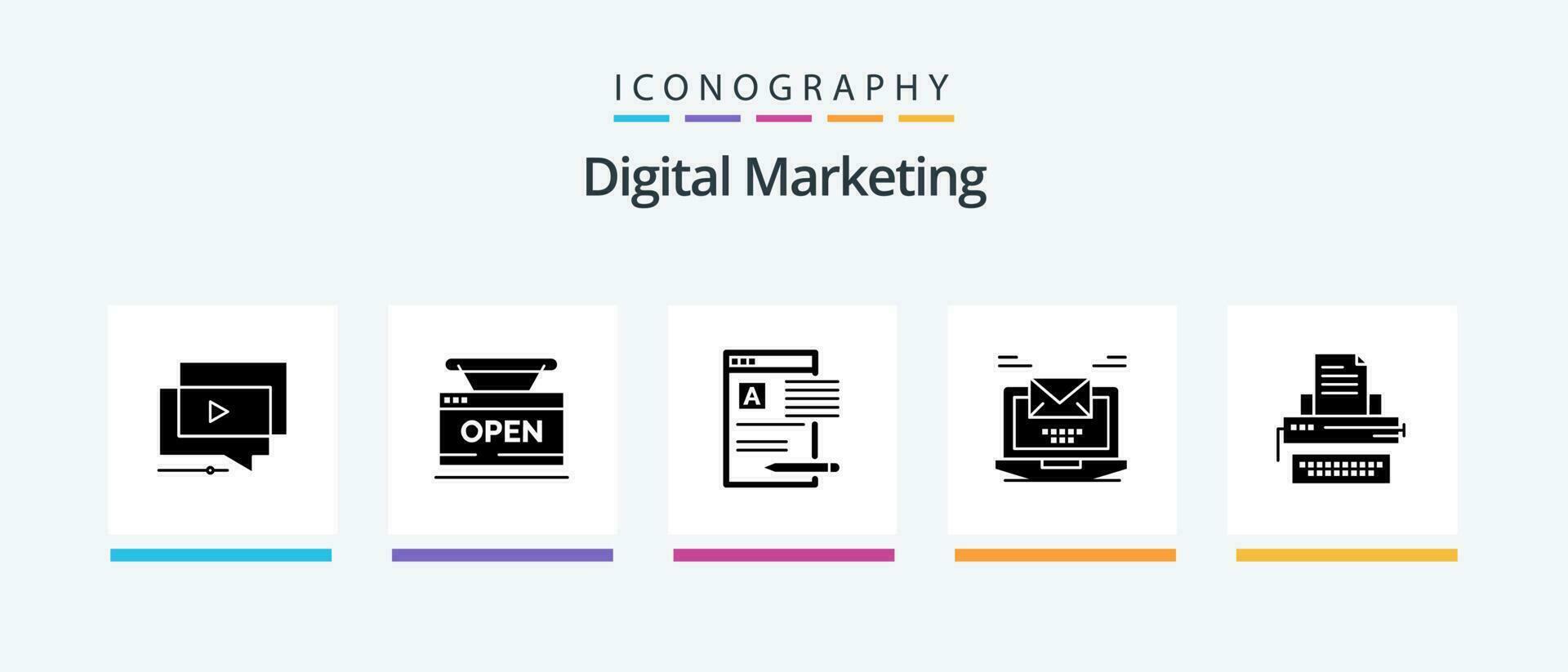 digital marknadsföring glyf 5 ikon packa Inklusive post. dator. webb. Rapportera. artikel. kreativ ikoner design vektor