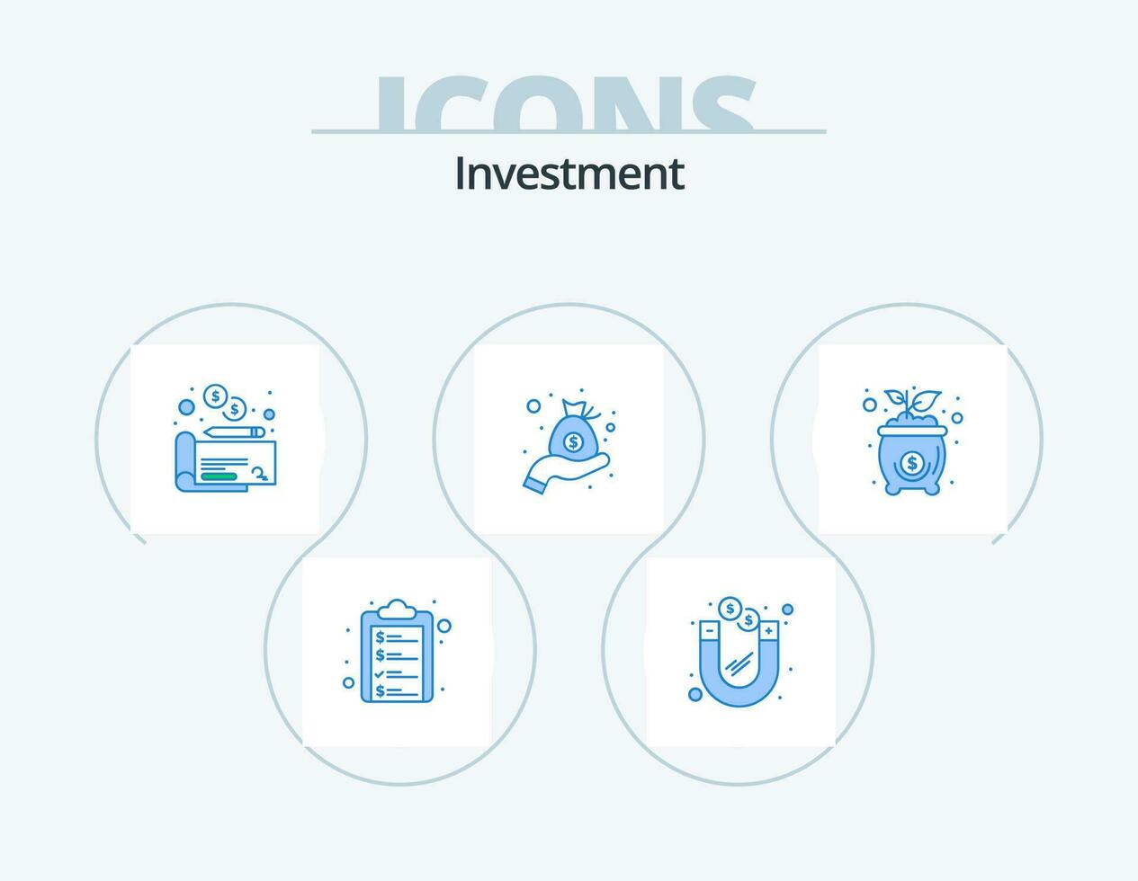 investering blå ikon packa 5 ikon design. investering. väska. cheaque. väska. investering vektor