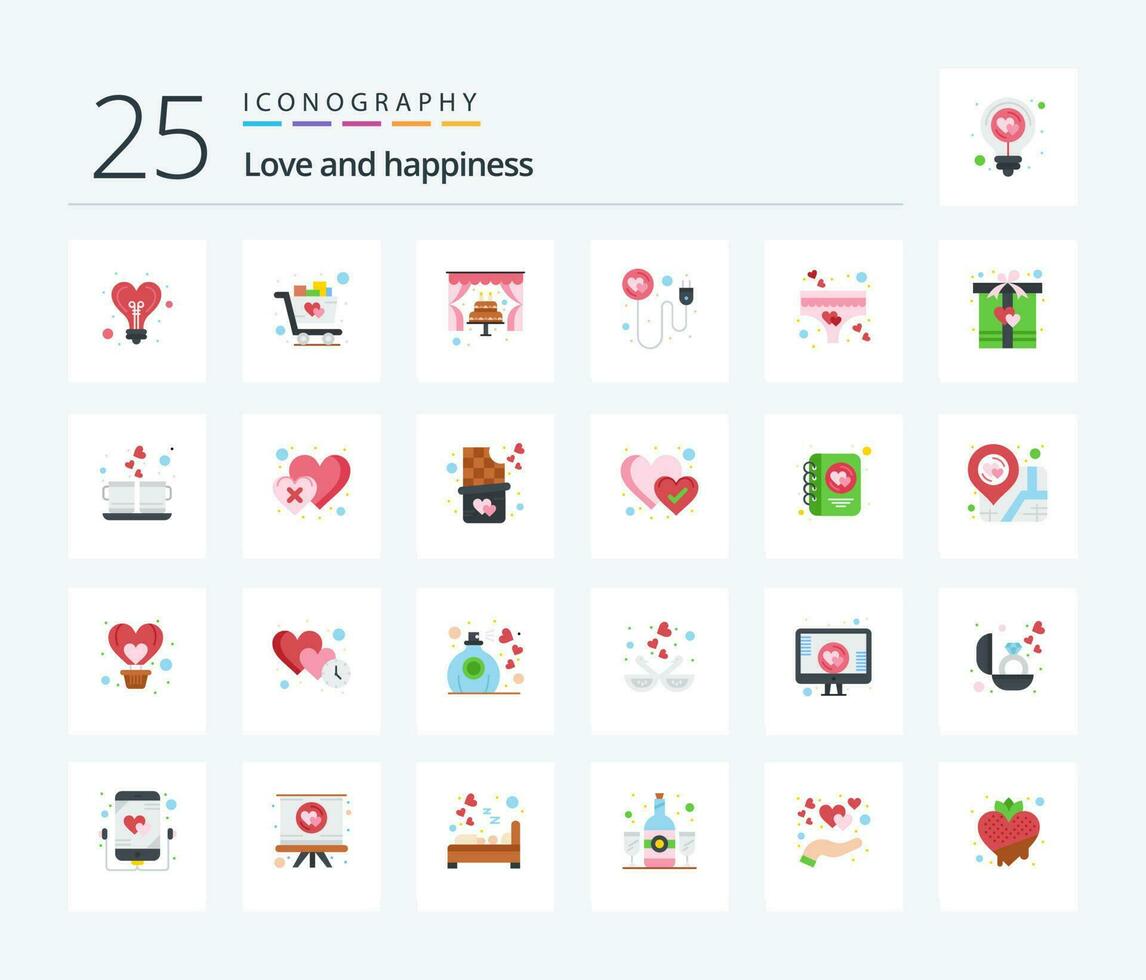 kärlek 25 platt Färg ikon packa Inklusive kärlek. romantik. kaka. ladda om. hjärta vektor