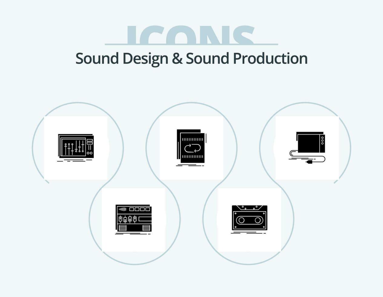 ljud design och ljud produktion glyf ikon packa 5 ikon design. slinga. audio. tejp. studio. mixer vektor