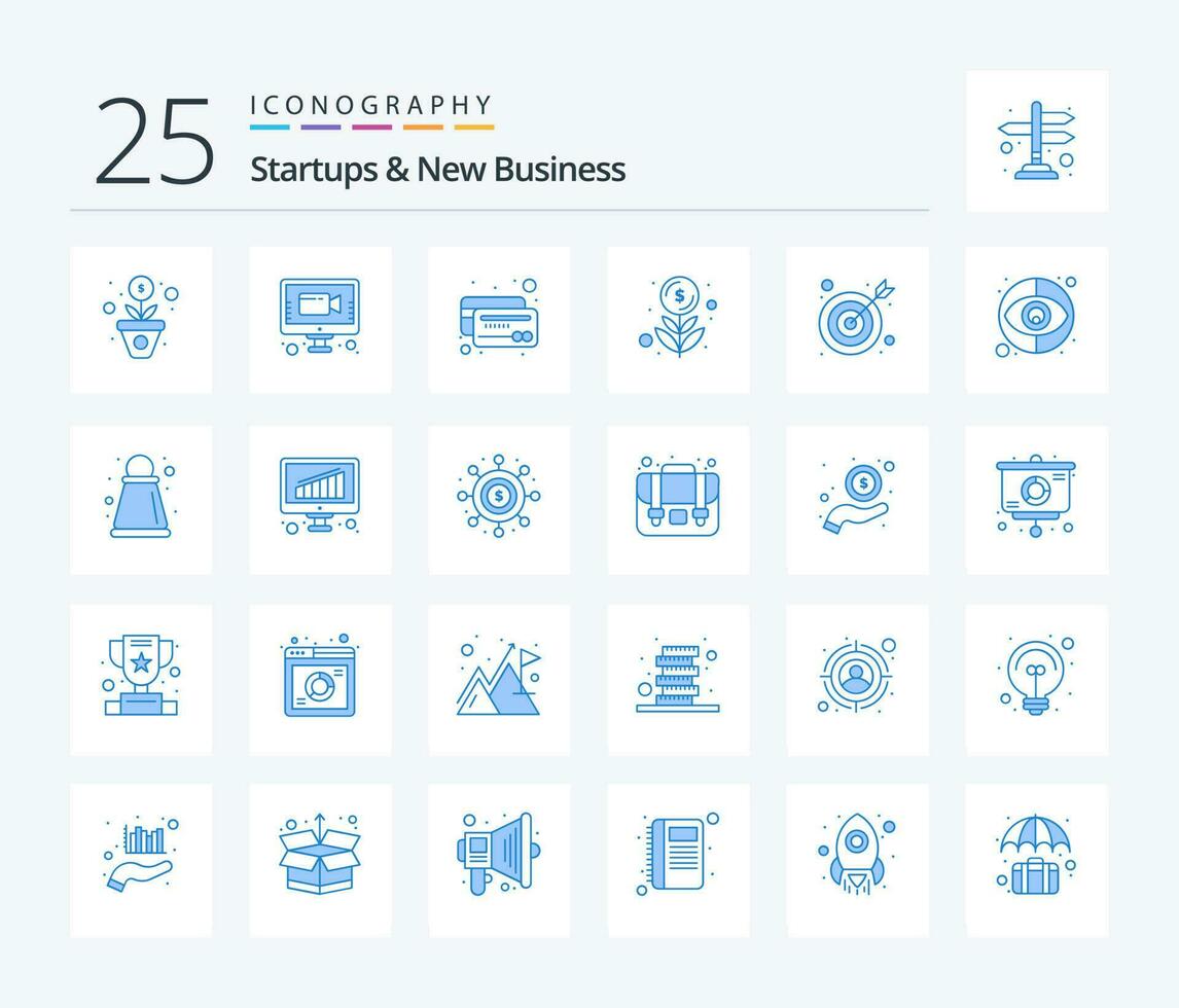 Startups und Neu Geschäft 25 Blau Farbe Symbol Pack einschließlich Pfeil. wachsen. Geldautomat. Finanzen. Kasse vektor