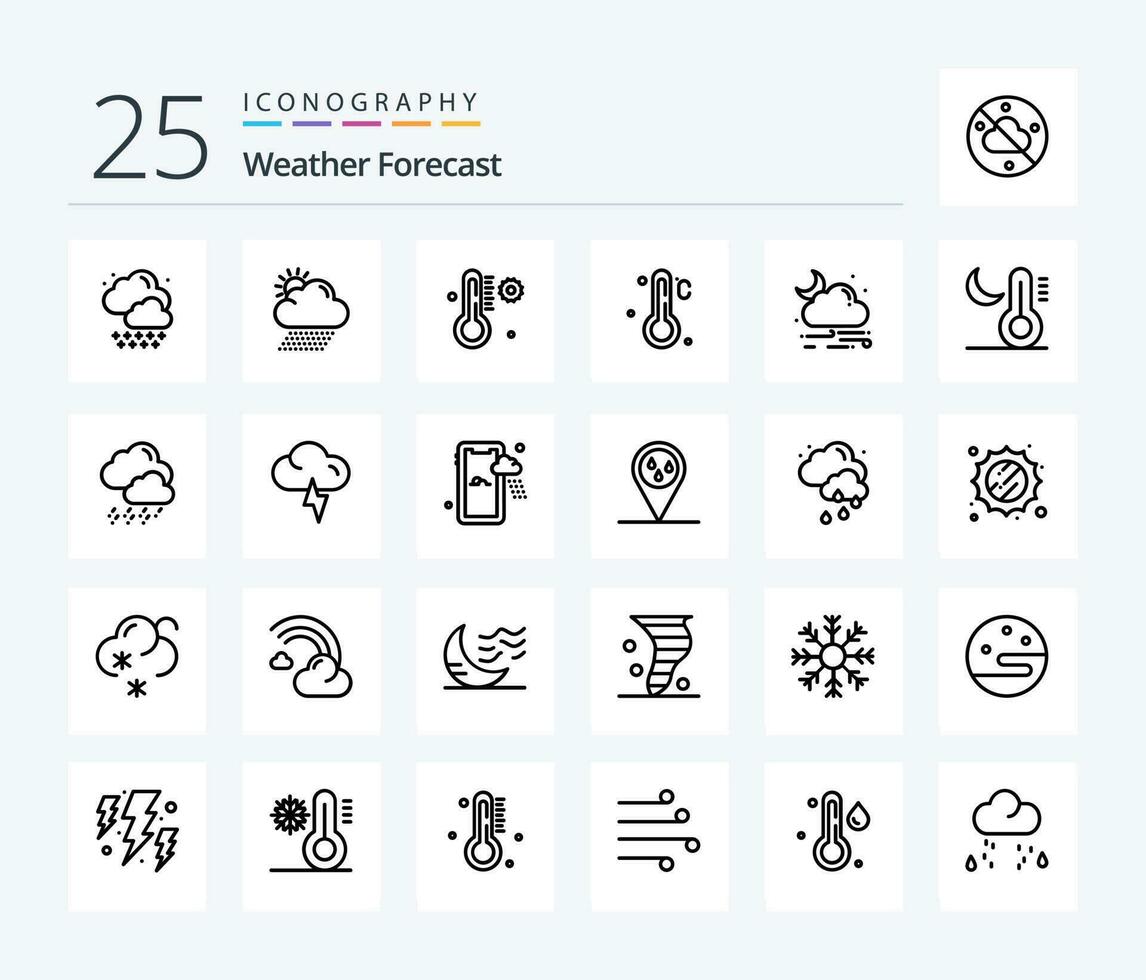 väder 25 linje ikon packa Inklusive temperatur. måne. termometer. klimat. regn vektor