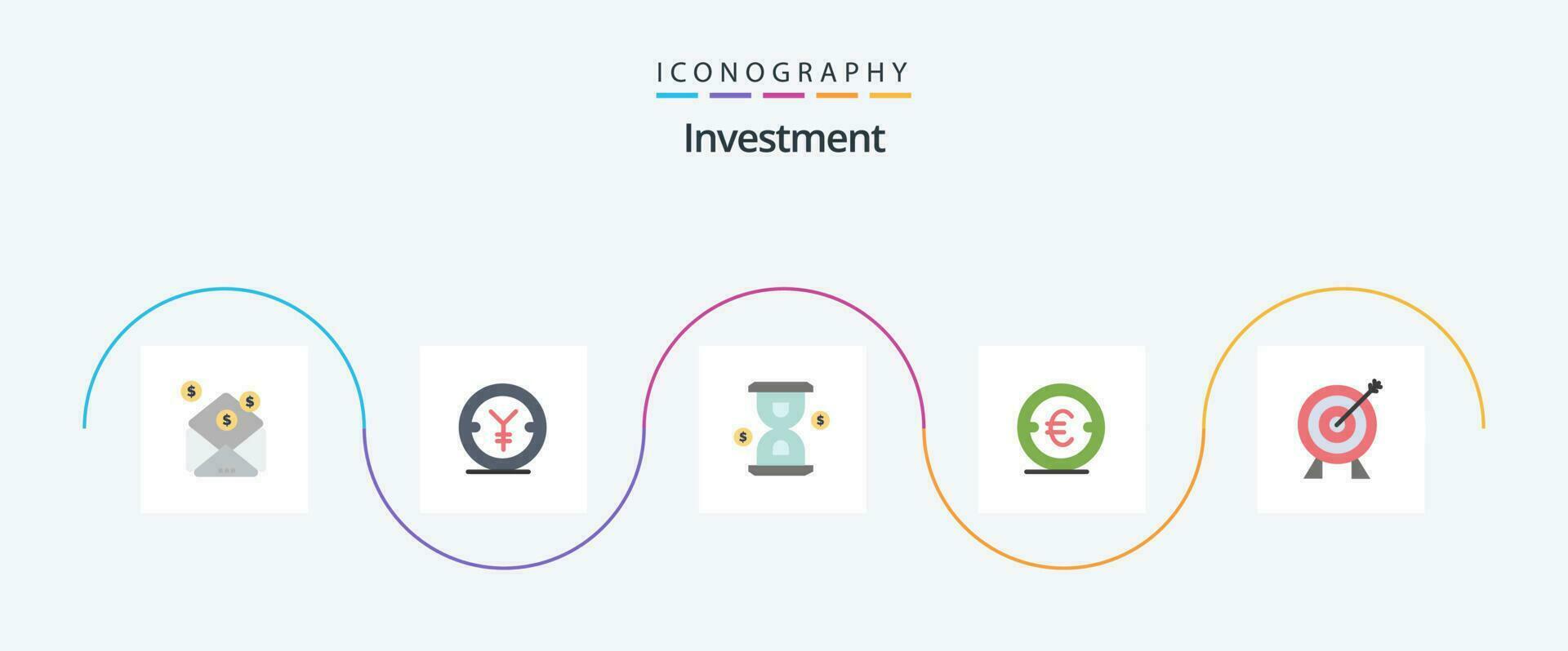 investering platt 5 ikon packa Inklusive mål. investering. glas. finansiera. mynt vektor
