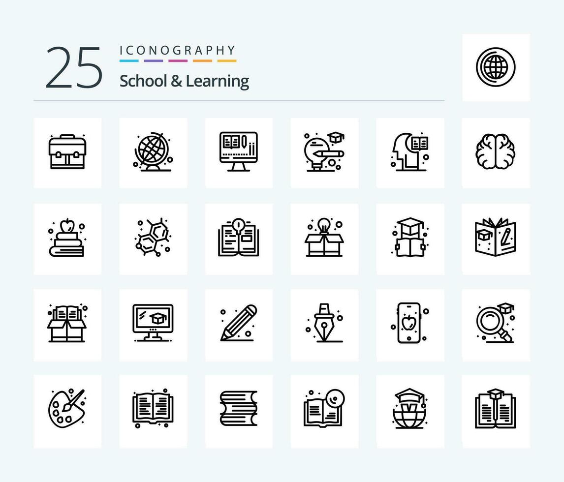 Schule und Lernen 25 Linie Symbol Pack einschließlich Buch. Wissen. Bildung. Hemisphäre. Gehirn vektor