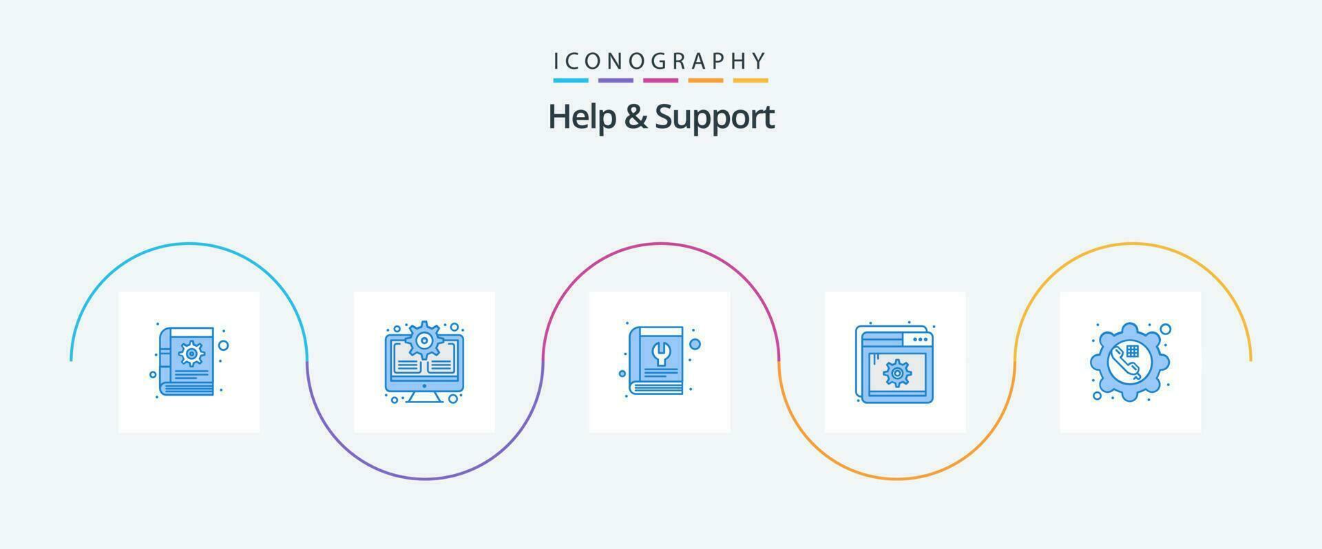 hjälp och Stöd blå 5 ikon packa Inklusive telefon. sida. bok. optimering. verktyg vektor