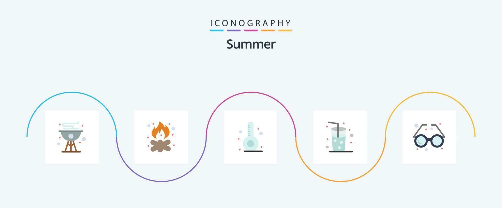 sommar platt 5 ikon packa Inklusive tillbehör. dryck. lägereld. strand. termometer vektor