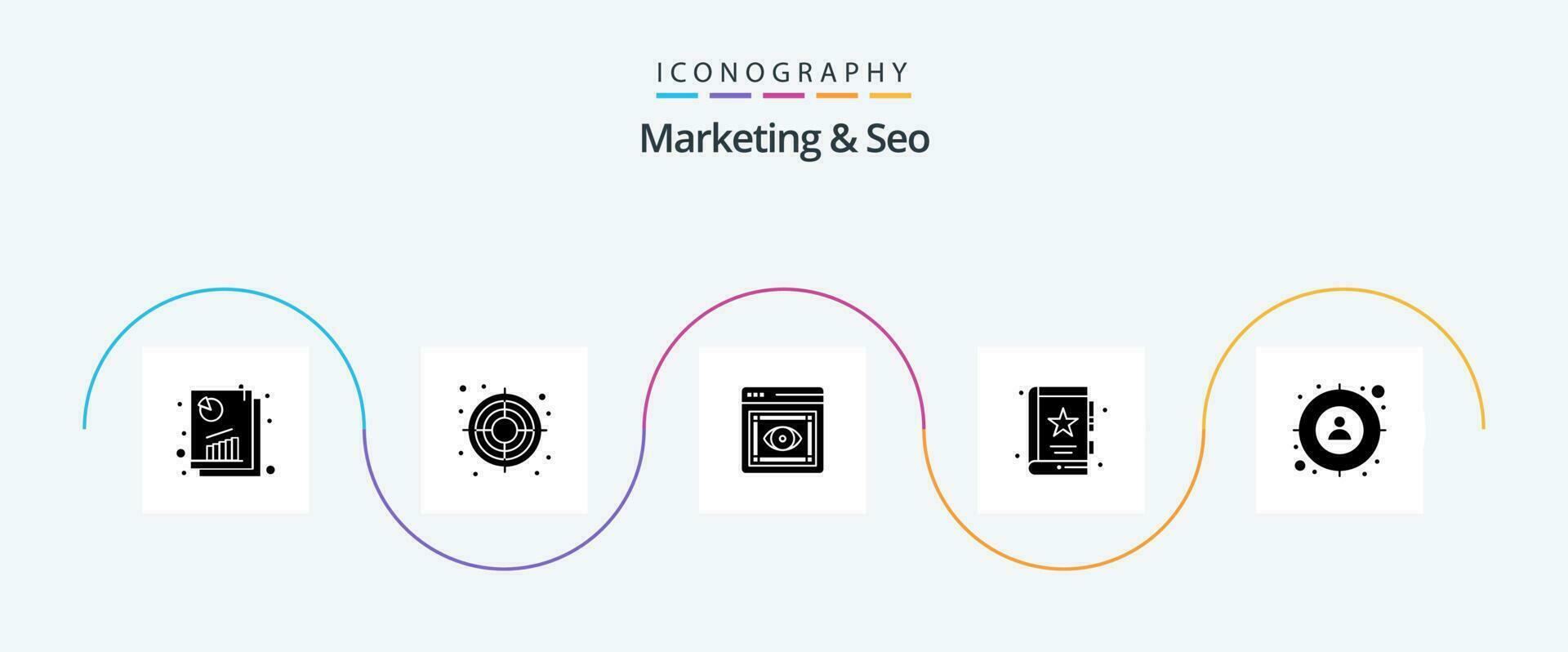 Marketing und SEO Glyphe 5 Symbol Pack einschließlich Fokus. Marketing. Auge. Geschäft. Buch vektor