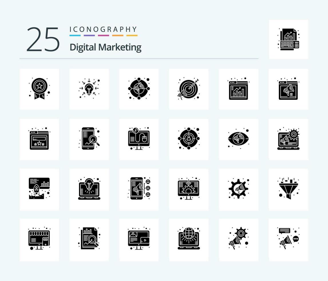 Digital Marketing 25 solide Glyphe Symbol Pack einschließlich Bar. Marketing. Kreis. Fokus. Tor vektor