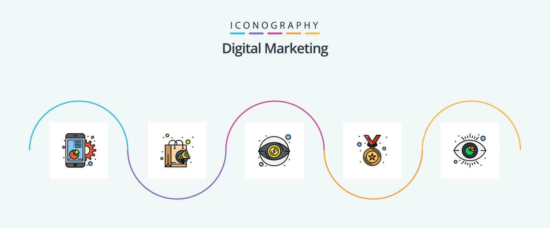 Digital Marketing Linie gefüllt eben 5 Symbol Pack einschließlich Sicht. Gewinner. Einkaufen. Medaille. Geld vektor