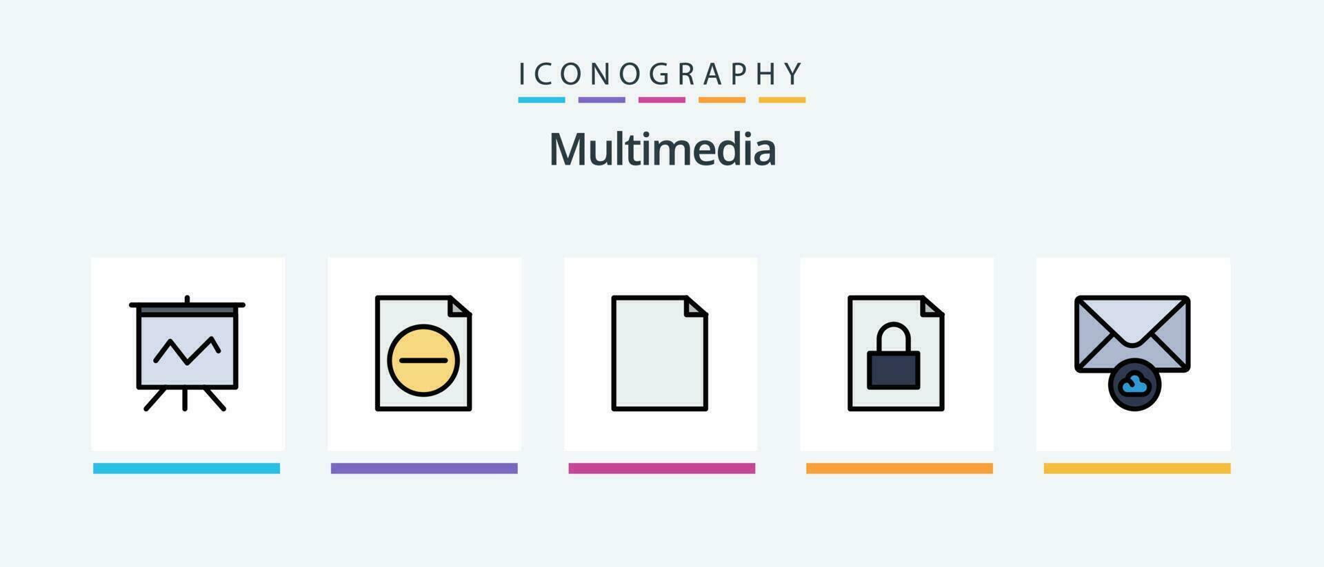 multimedia linje fylld 5 ikon packa Inklusive . landskap. presentation. analyser. kreativ ikoner design vektor