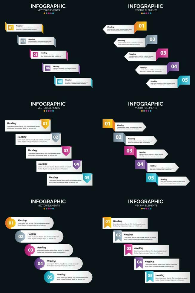 Vektor 6 Infografiken Pack Präsentationsfolie Vorlage 5 Schritte Zyklusdiagramme und Zeitleisten