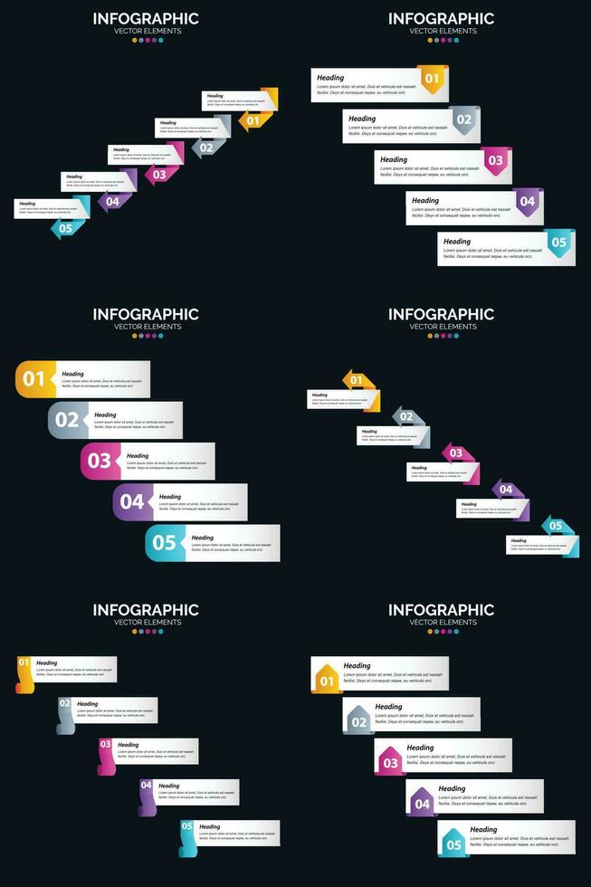 Vektor 6 Infografiken Pack Präsentationsfolie Vorlage 5 Schritte Zyklusdiagramme und Zeitleisten