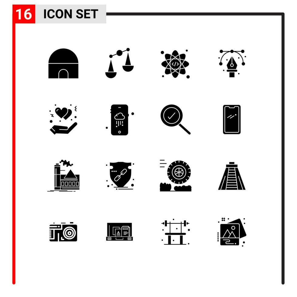 16 solide Glyphe Konzept zum Websites Handy, Mobiltelefon und Apps Hand schützen Atom Stift Zeichnung editierbar Vektor Design Elemente