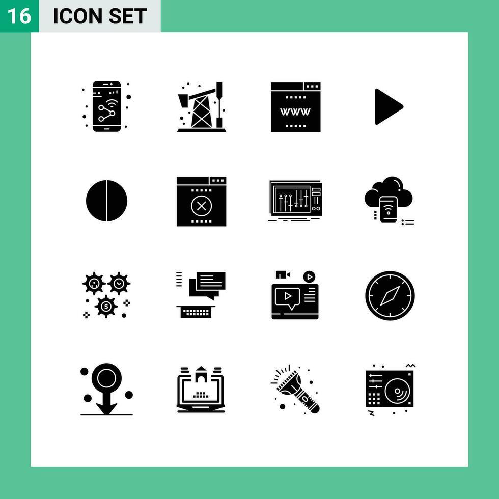 16 solide Glyphe Konzept zum Websites Handy, Mobiltelefon und Apps Digital Video Internet abspielen Steuerung editierbar Vektor Design Elemente