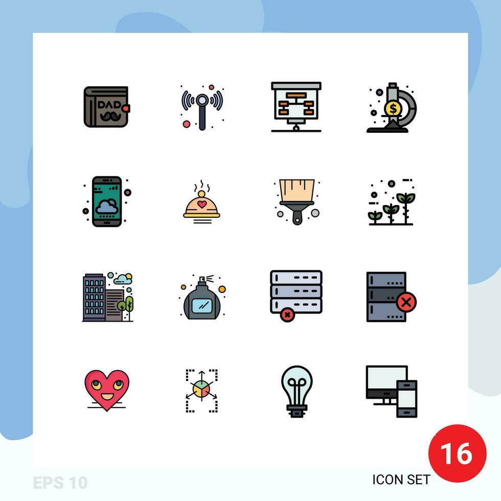 16 thematisch Vektor eben Farbe gefüllt Linien und editierbar Symbole von Wetter App Smartphone Grafik Telefon Mikroskop editierbar kreativ Vektor Design Elemente