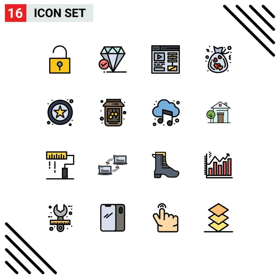 16 platt Färg fylld linje begrepp för webbplatser mobil och appar bi stjärna video uppkopplad donation redigerbar kreativ vektor design element