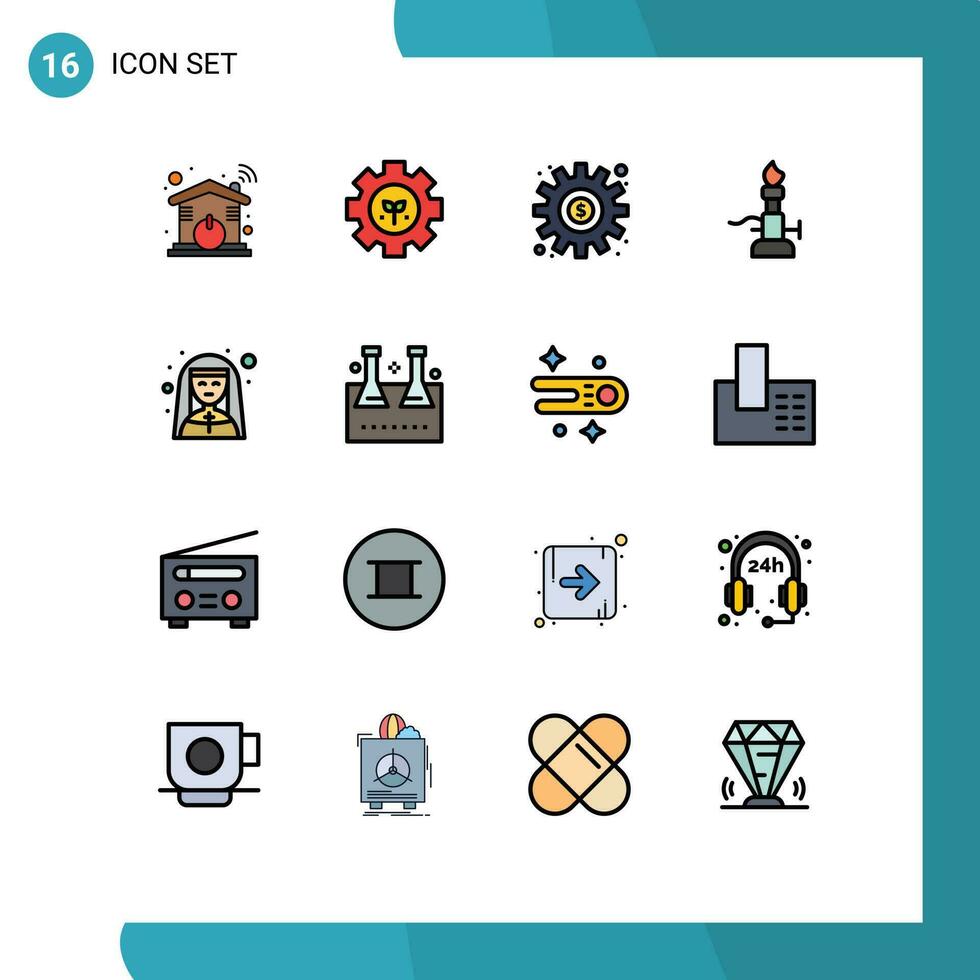 16 eben Farbe gefüllt Linie Konzept zum Websites Handy, Mobiltelefon und Apps Kirche Wissenschaft Dollar Licht Feuer editierbar kreativ Vektor Design Elemente