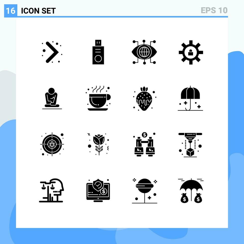 16 fast glyf begrepp för webbplatser mobil och appar yoga meditation teknologi snabb låsa redigerbar vektor design element