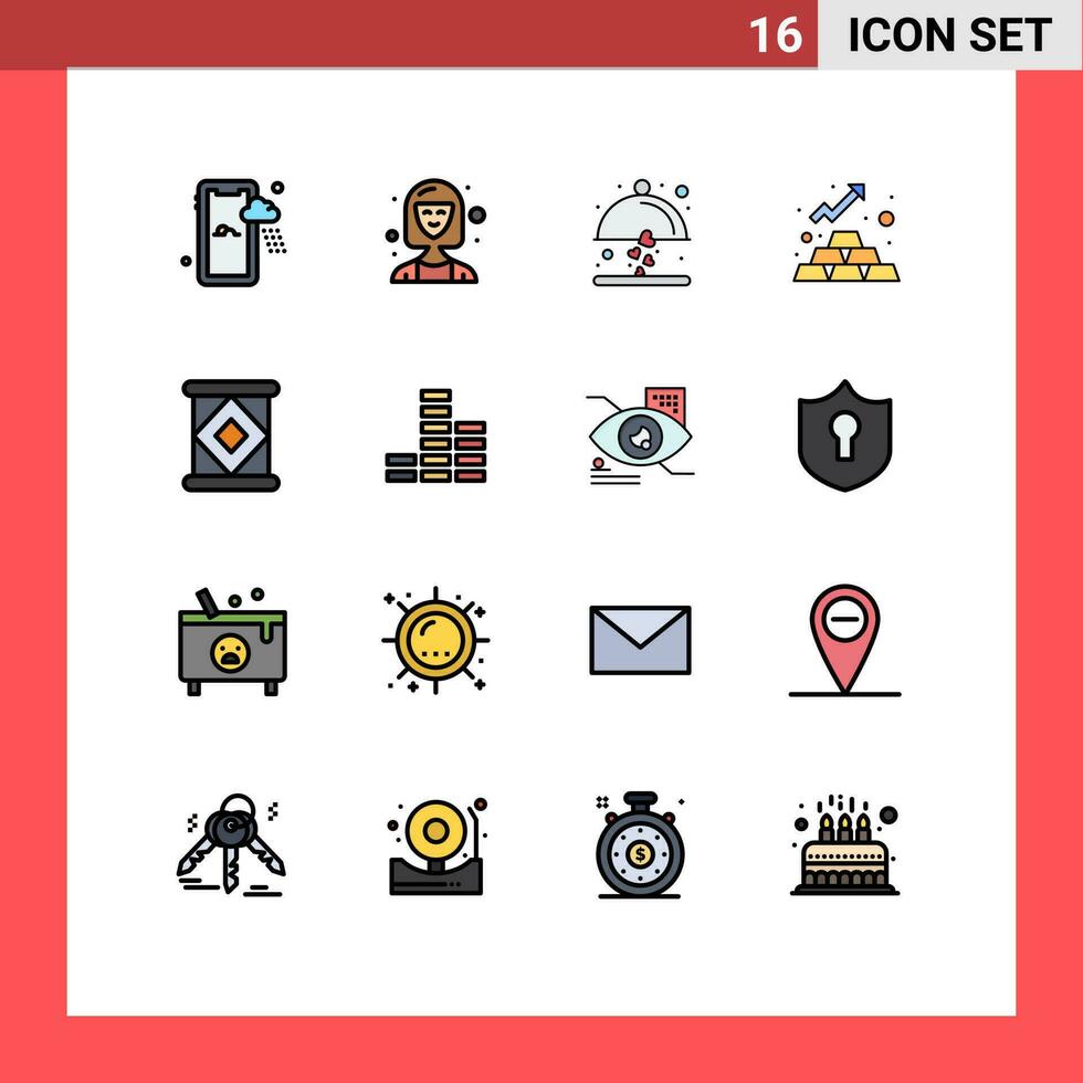16 thematisch Vektor eben Farbe gefüllt Linien und editierbar Symbole von kondensiert Anlagegut Gericht Geld Finanzen editierbar kreativ Vektor Design Elemente