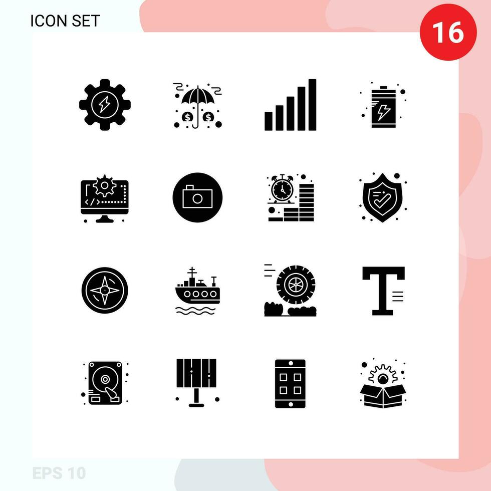 16 thematisch Vektor solide Glyphen und editierbar Symbole von Ausrüstung Codierung Verbindung Computer aufladen editierbar Vektor Design Elemente