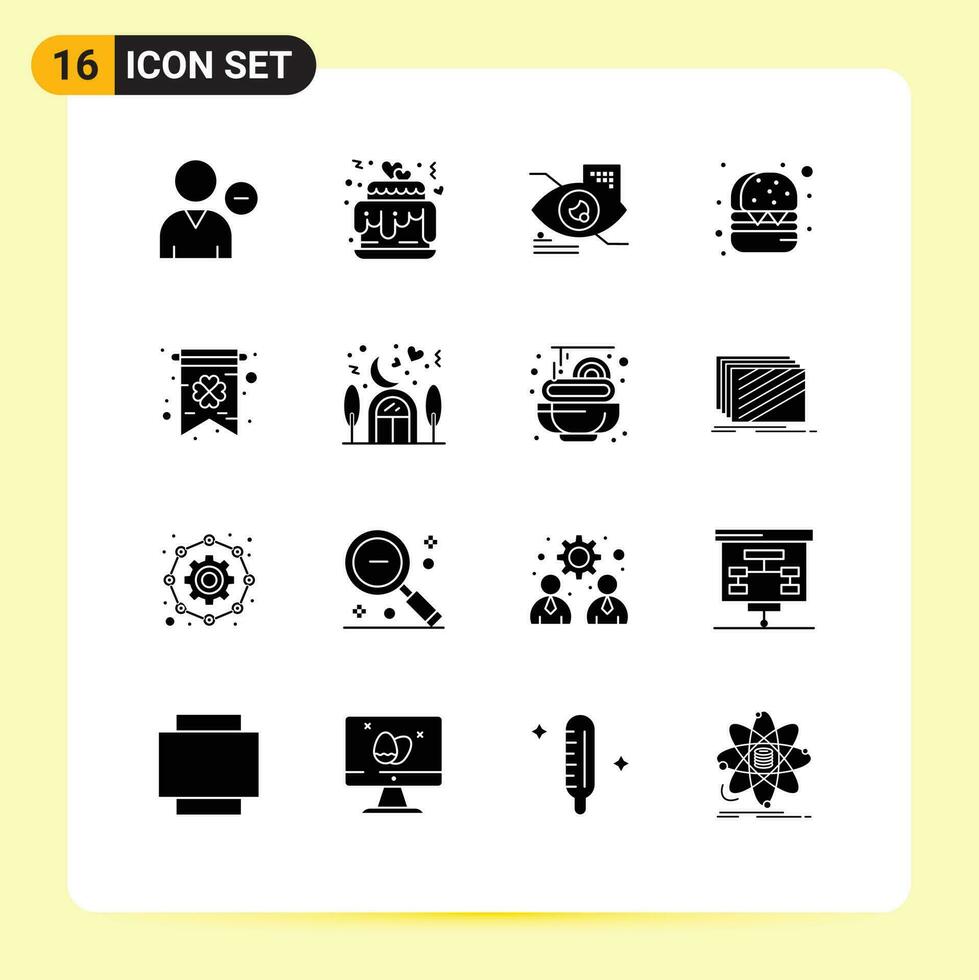 16 fast glyf begrepp för webbplatser mobil och appar klöver mat bröllop snabb mat teknologi redigerbar vektor design element