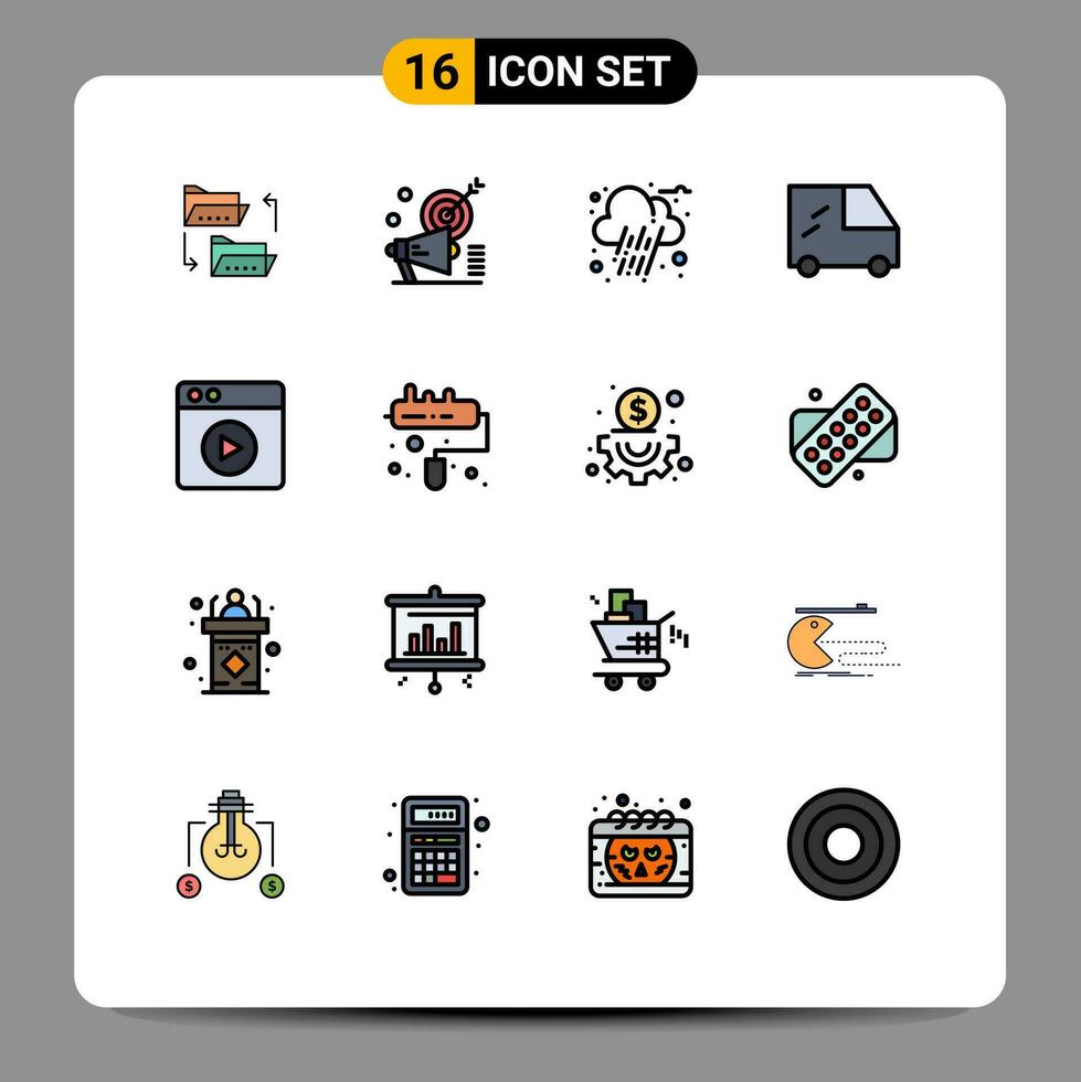 16 Universal- eben Farbe gefüllt Linie Zeichen Symbole von Netz Multimedia Ziel Fahrzeuge Regen editierbar kreativ Vektor Design Elemente