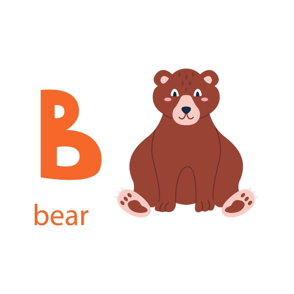 söt björn kort. alfabetet med djur. färgglad design för att lära barn alfabetet, lära sig engelska. vektorillustration i platt tecknad stil på en vit bakgrund vektor