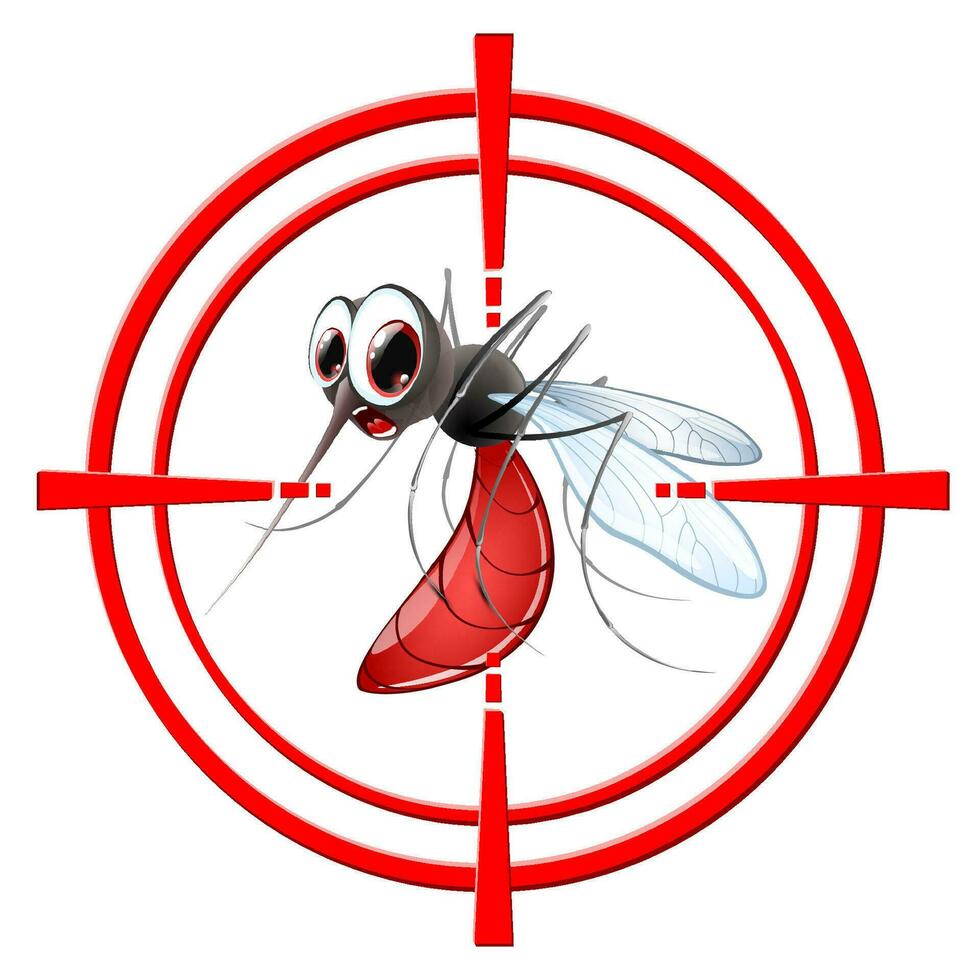 komisch Karikatur Ziel Moskito im Ziel unterzeichnen. Warnung fliegend Insekten. vektor