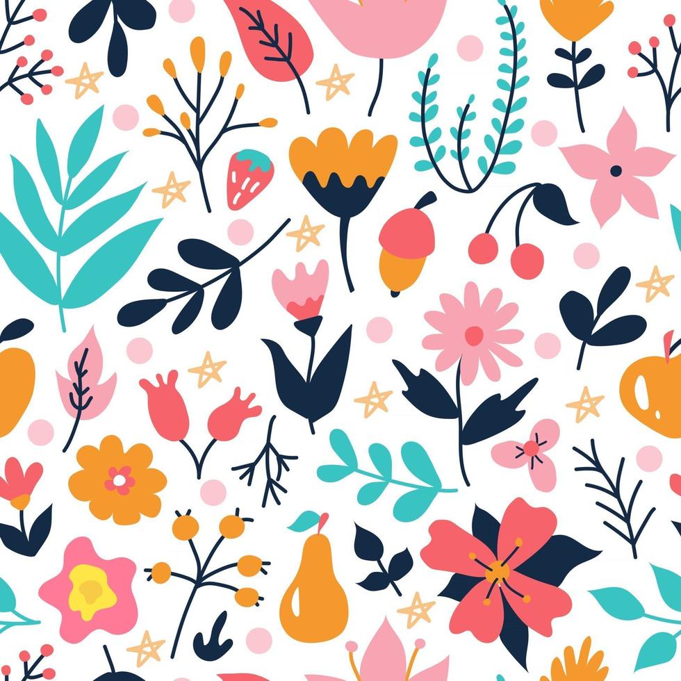 leuchtend bunte Pflanzen und Blumen. Vektor floral nahtlose Muster auf weißem Hintergrund in einem flachen Doodle-Stil. Tapeten, Verpackungspapierdesign und Stoffdruck