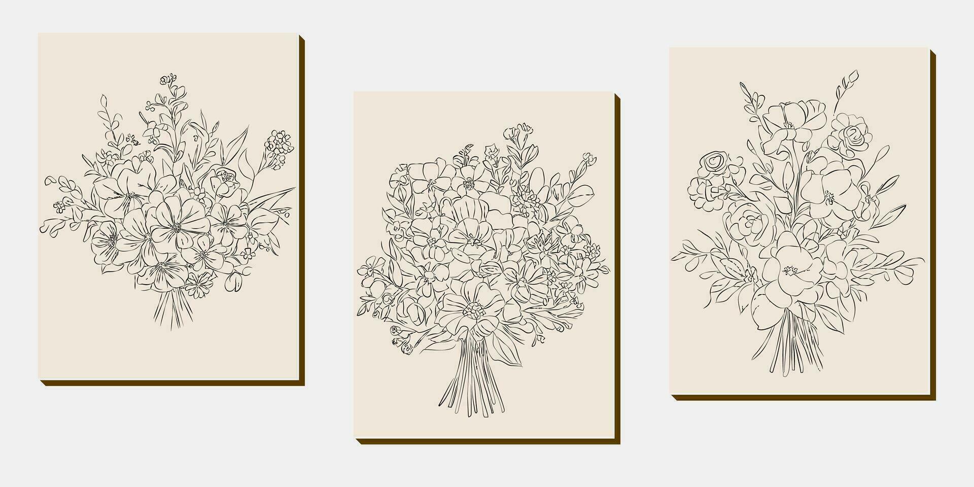 blomma bukett linje konst, svart och vit blommig uppsättning samling bunt ritad för hand, gren, lövverk, blad minimal antik retro samtida bläck teckning för dekor bröllop inbjudan och affisch kort vektor