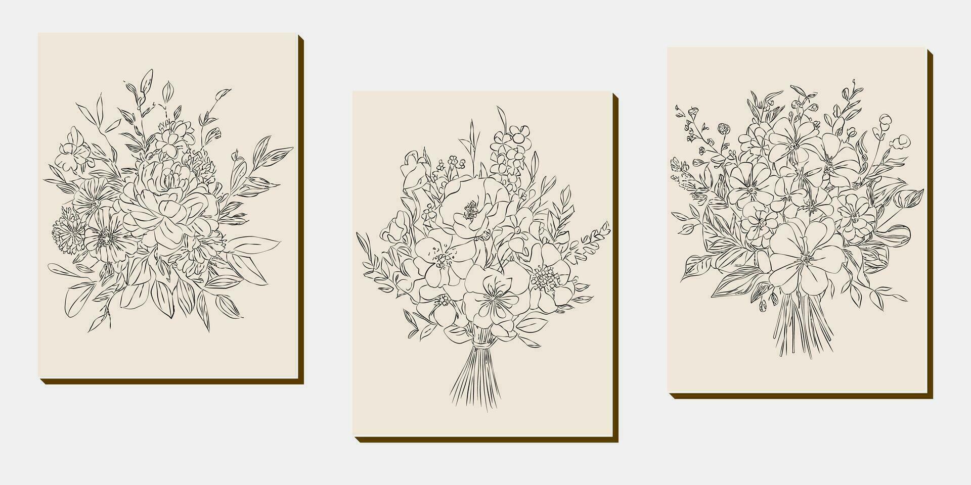 Blume Strauß Linie Kunst, schwarz und Weiß Blumen- einstellen Sammlung bündeln handgemalt, Zweig, Laub, Blatt minimal Antiquität retro zeitgenössisch Tinte Zeichnung zum Dekor Hochzeit Einladung und Poster Karte vektor