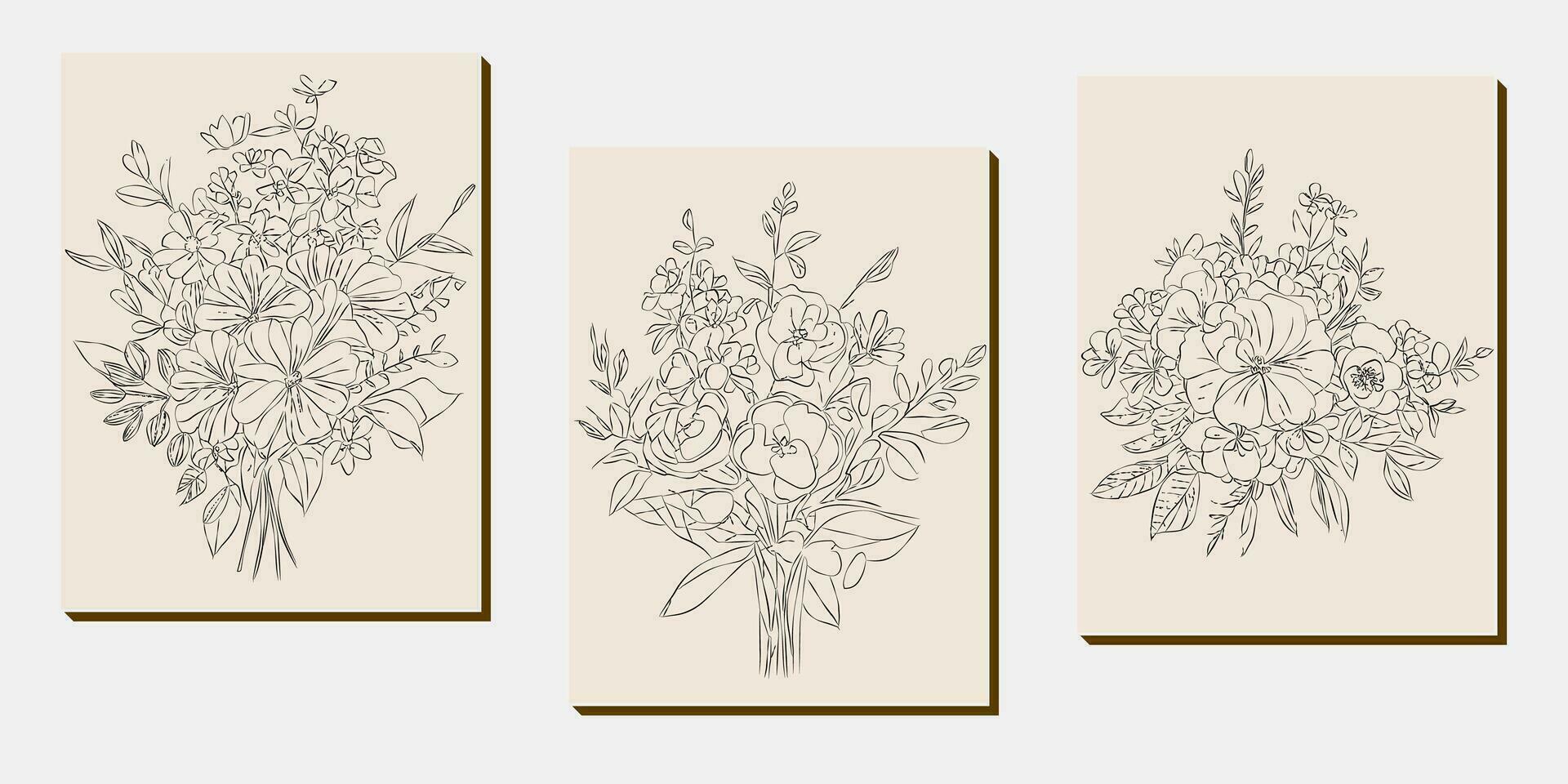 Blume Strauß Linie Kunst, schwarz und Weiß Blumen- einstellen Sammlung bündeln handgemalt, Zweig, Laub, Blatt minimal Antiquität retro zeitgenössisch Tinte Zeichnung zum Dekor Hochzeit Einladung und Poster Karte vektor