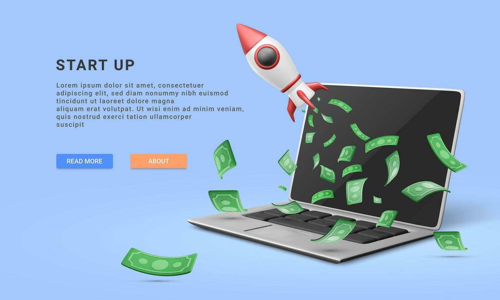 3d realistisch Start oben Banner mit fliegend Rakete, Geld und Laptop. Geld Investition Konzept. Vektor Illustration