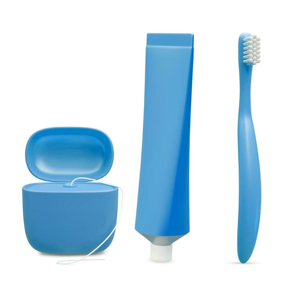 realistisk rör attrapp tandkräm, dental flock och tandborste. vektor illustration