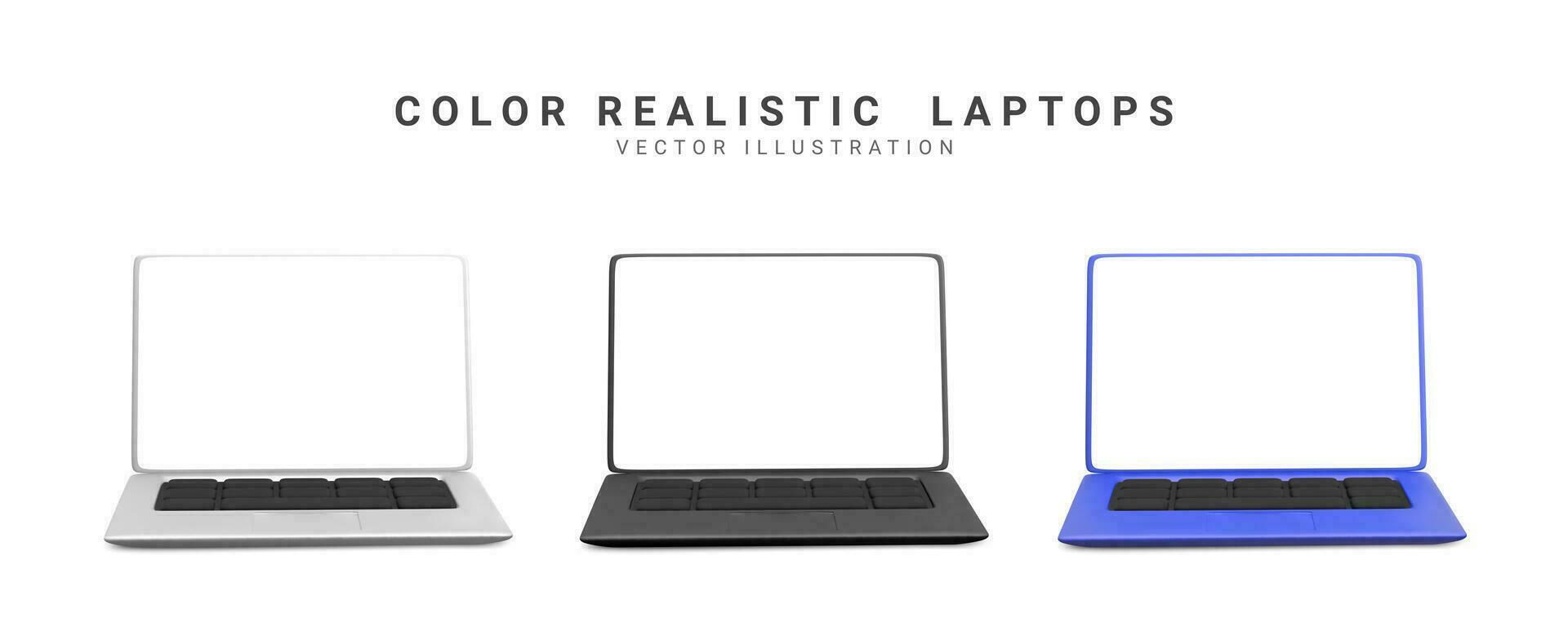 3d realistisk uppsättning bärbara datorer i blå, silver, svart färger med skugga. vektor illustration