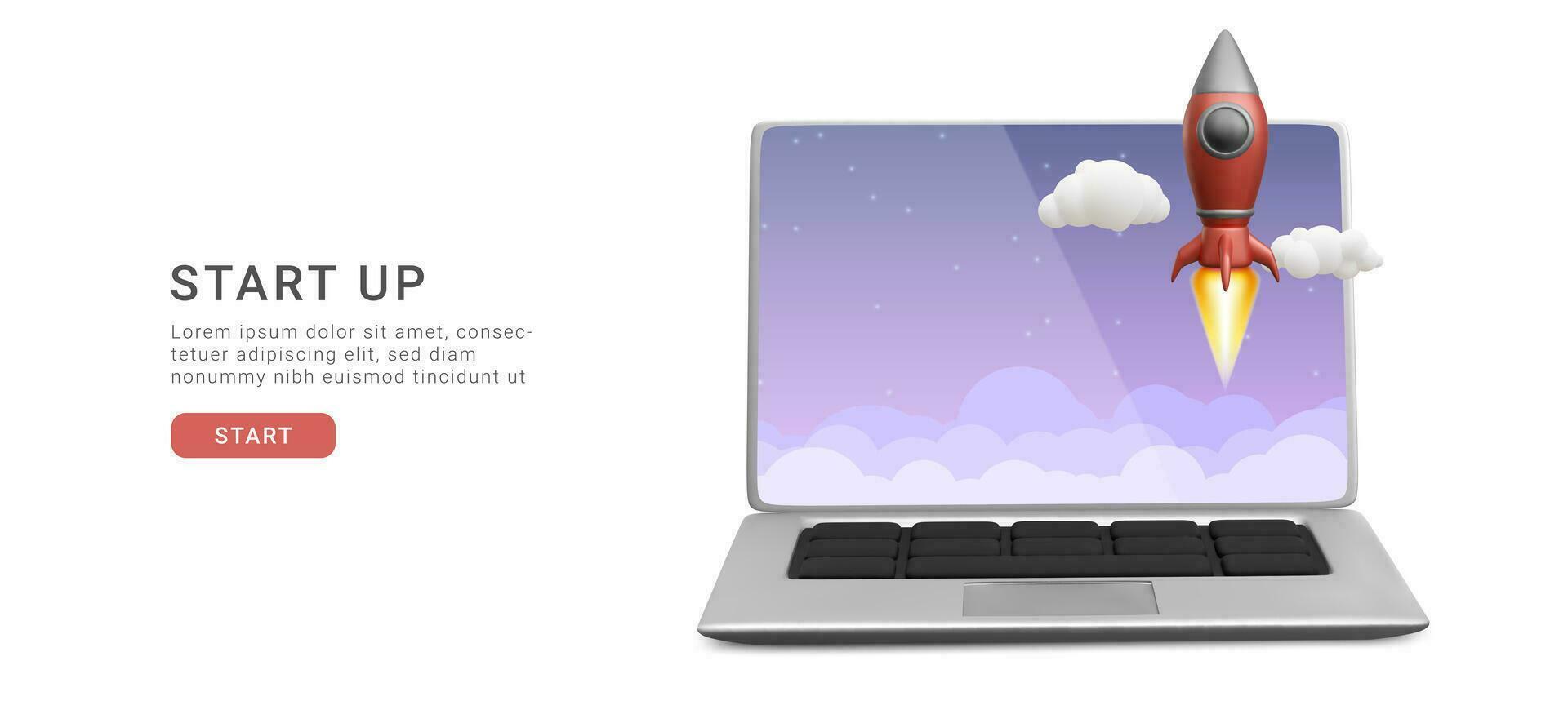 Start oben Banner mit Laptop, Rakete, Wolken im realistisch Stil. Vektor Illustration