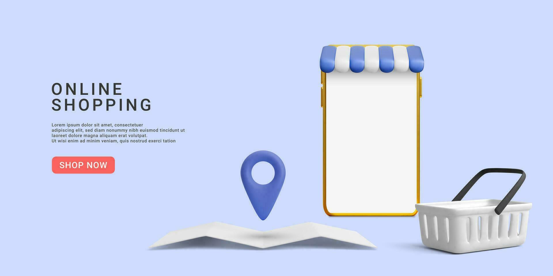 Geschäft Banner mit Telefon, Produkt Wagen und Ort Ihre speichern. 3d realistisch Vektor Illustration