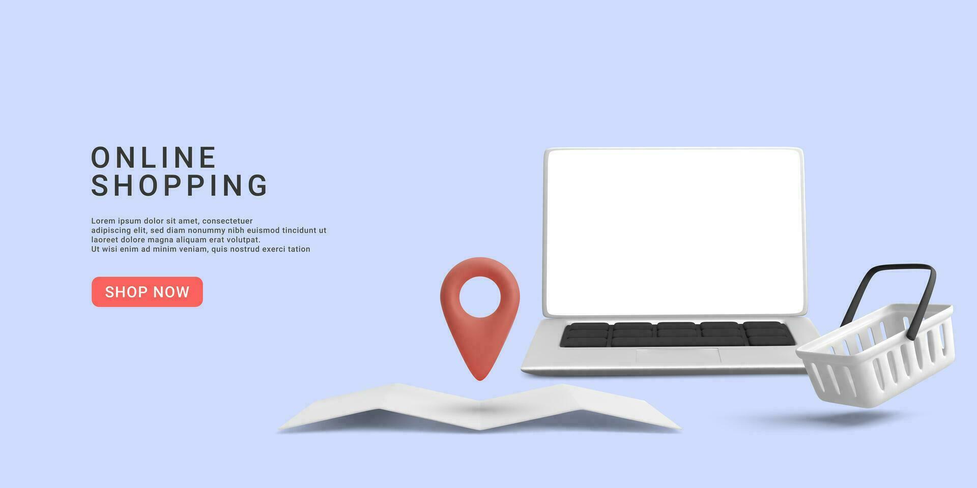 Geschäft Banner mit Laptop, Produkt Wagen und Ort Ihre speichern. 3d realistisch Vektor Illustration