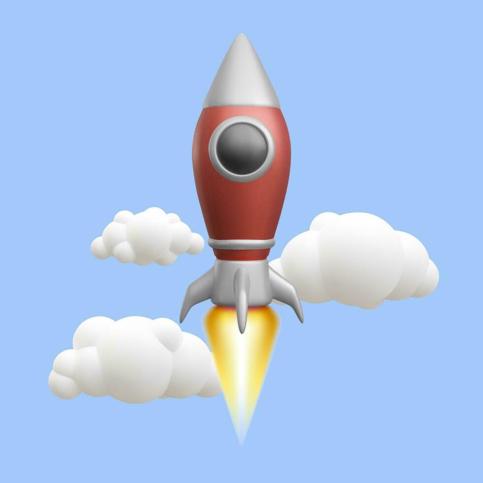 3d realistisk röd raket flugor genom de moln. vektor illustration