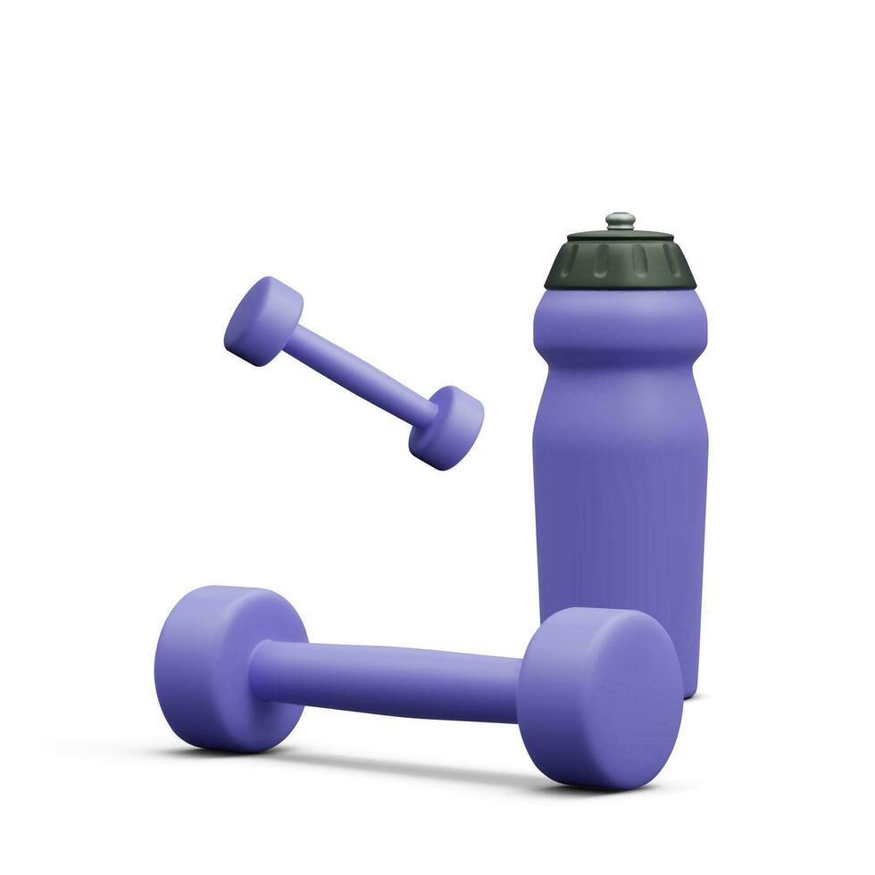 einstellen von 3d realistisch Sport Ausrüstung. Hanteln und Wasser Flasche isoliert auf Licht Hintergrund. gesund Lebensstil Konzept. Fitness Inventar. Vektor Illustration