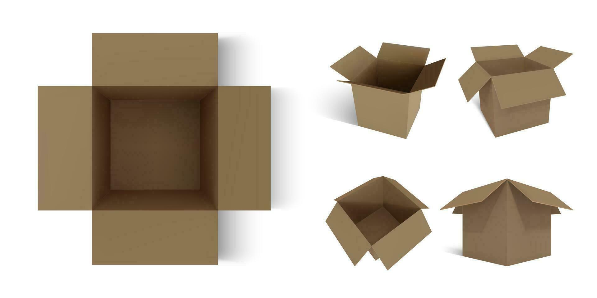 einstellen von realistisch Karton braun Lieferung Kisten mit Schatten isoliert auf Weiß Hintergrund. Vektor Illustration