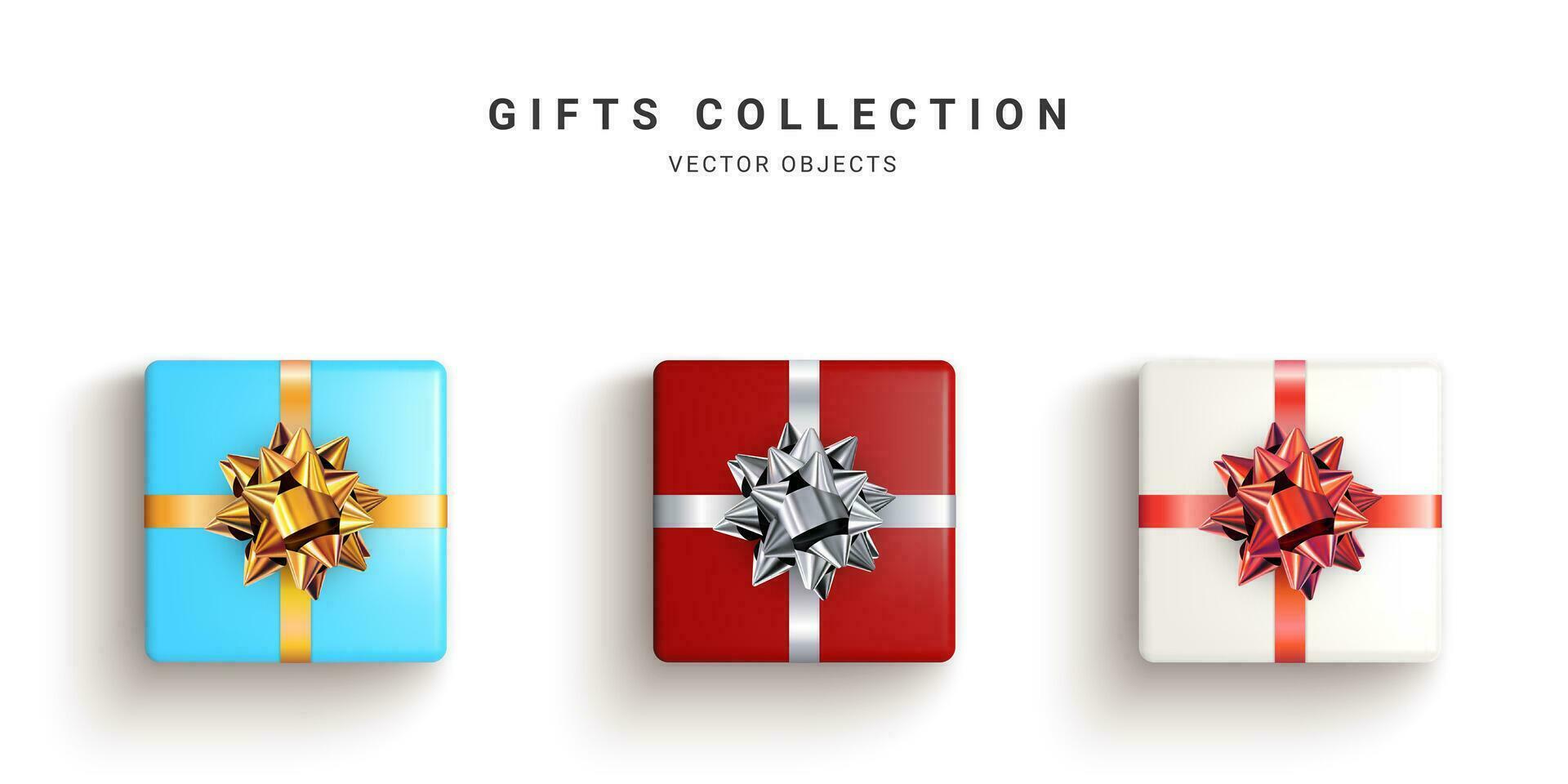 Sammlung von realistisch Geschenk Kisten, dekorativ die Geschenke isoliert auf Weiß Hintergrund. Vektor Illustration
