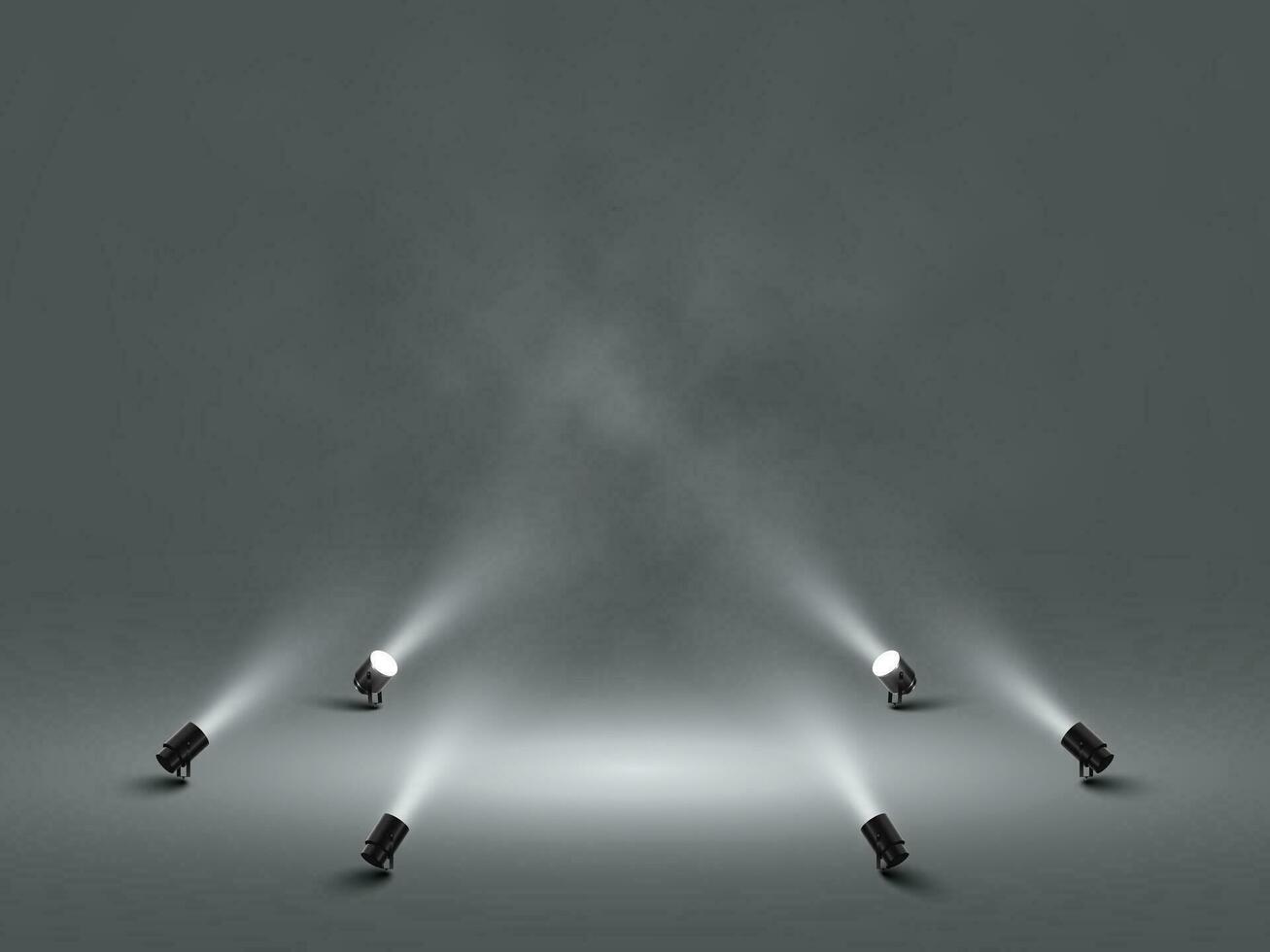 spotlights med ljus vit ljus lysande skede. upplyst effekt projektor. illustration av projektor för studio. vektor illustration