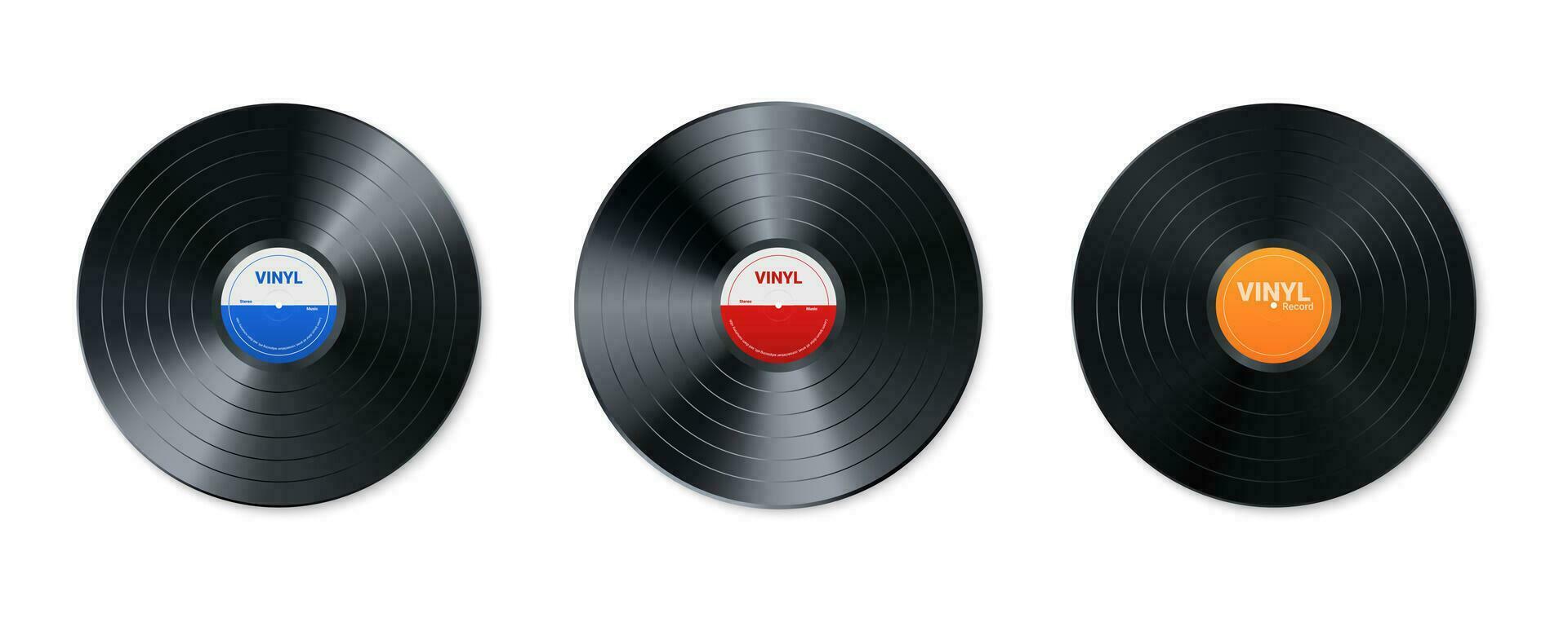 Vinyl Musik- Aufzeichnung Satz. Design von retro Audio- Scheibe. realistisch Jahrgang Grammophon Rabatt mit Startseite Attrappe, Lehrmodell, Simulation. Vektor Illustration