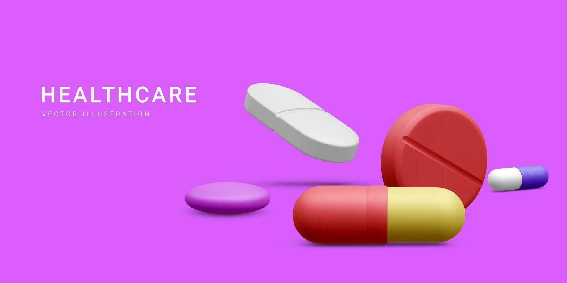 3d realistisk apotek läkemedel hälsa läsplatta. medicinsk eller farmaceutisk baner med piller. vektor illustration
