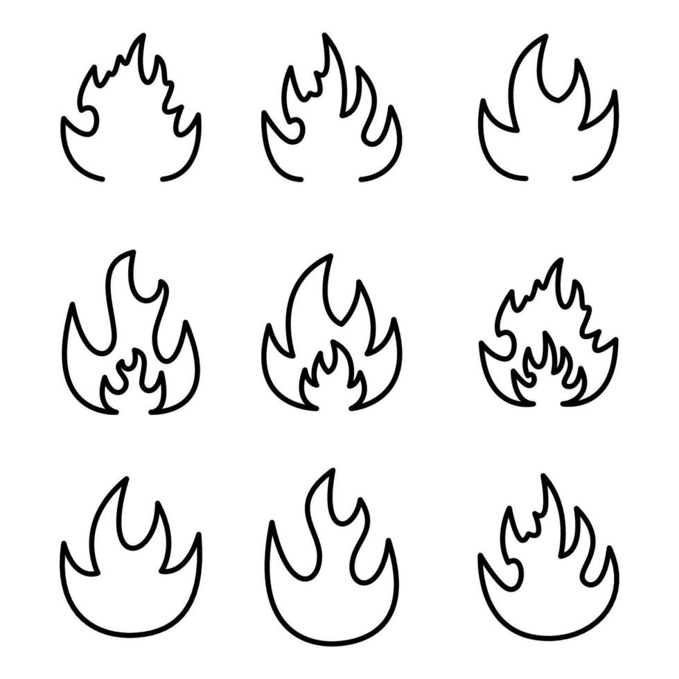 brand lågor. uppsättning av flamma ikoner i annorlunda former. linje brand ikoner vektor